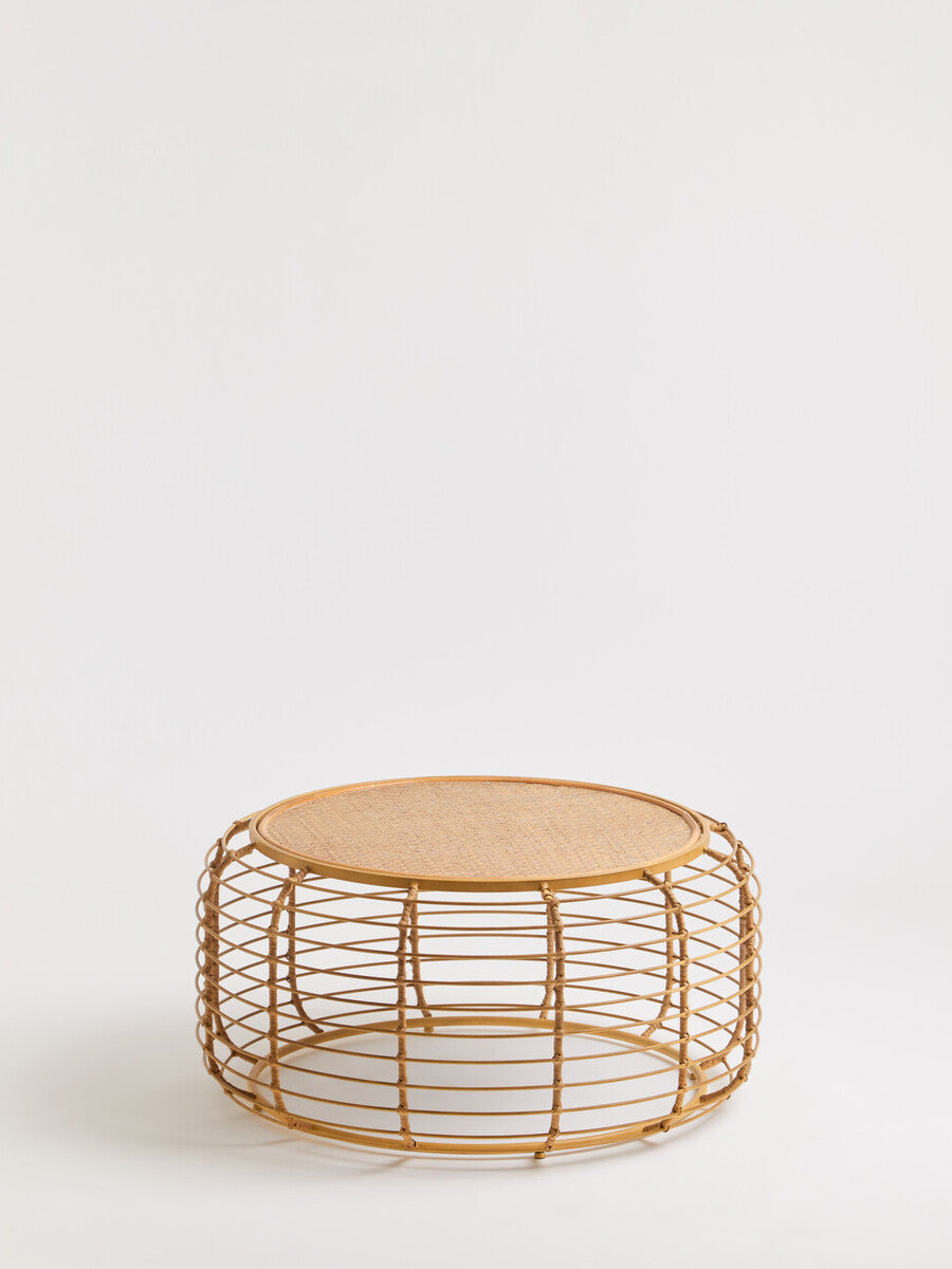 Orsina Trento Round Rattan Coffee Table – Gold Cage Base, Natural Woven
