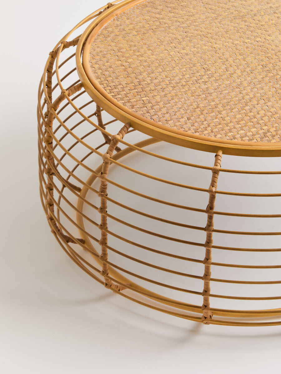 Orsina Trento Round Rattan Coffee Table – Gold Cage Base, Natural Woven
