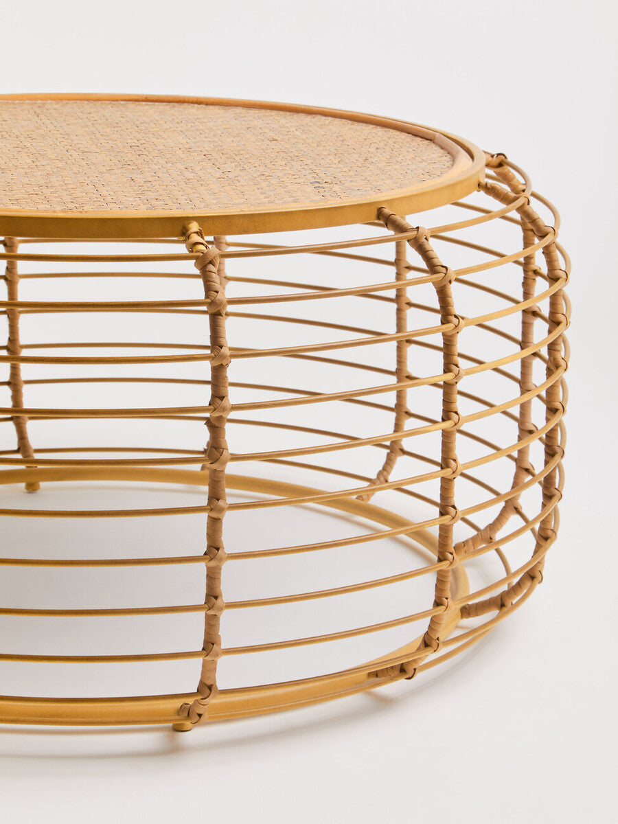 Orsina Trento Round Rattan Coffee Table – Gold Cage Base, Natural Woven