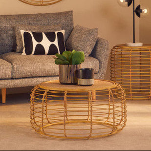 Orsina Trento Round Rattan Coffee Table – Gold Cage Base, Natural Woven