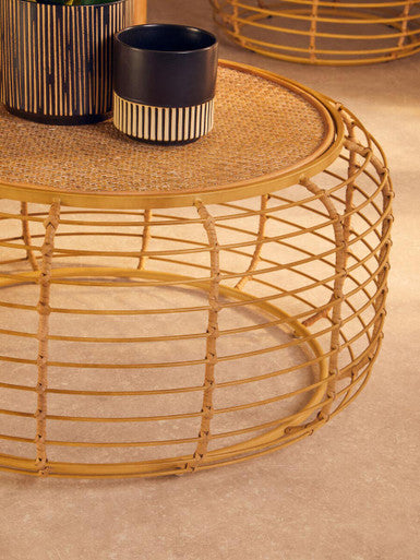 Orsina Trento Round Rattan Coffee Table – Gold Cage Base, Natural Woven