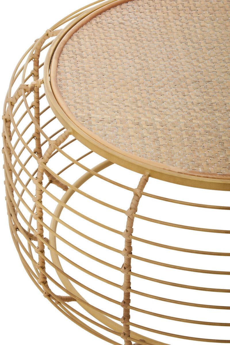 Orsina Trento Round Rattan Coffee Table – Gold Cage Base, Natural Woven