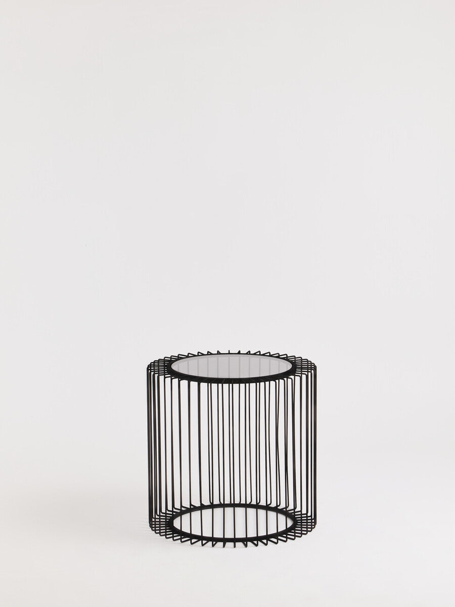 Orsina Trento Round Side Table | Black Metal Cage & Tempered Glass