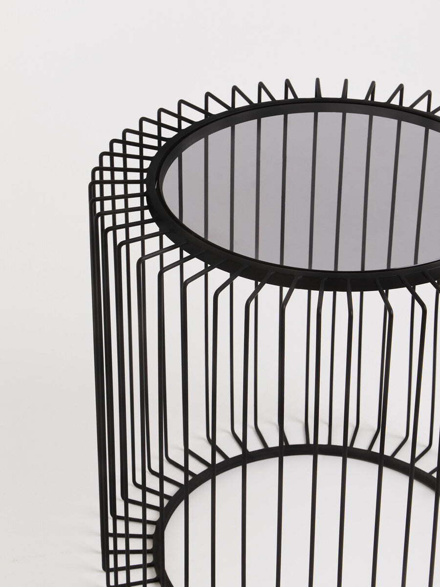 Orsina Trento Round Side Table | Black Metal Cage & Tempered Glass