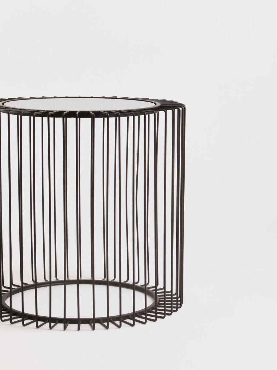 Orsina Trento Round Side Table | Black Metal Cage & Tempered Glass