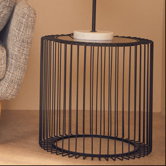 Orsina Trento Round Side Table | Black Metal Cage & Tempered Glass