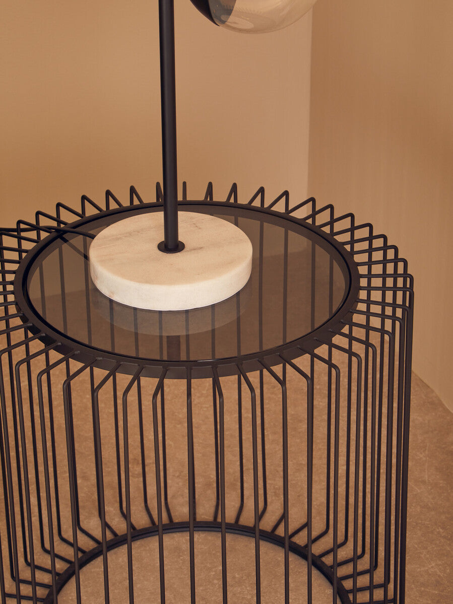 Orsina Trento Round Side Table | Black Metal Cage & Tempered Glass
