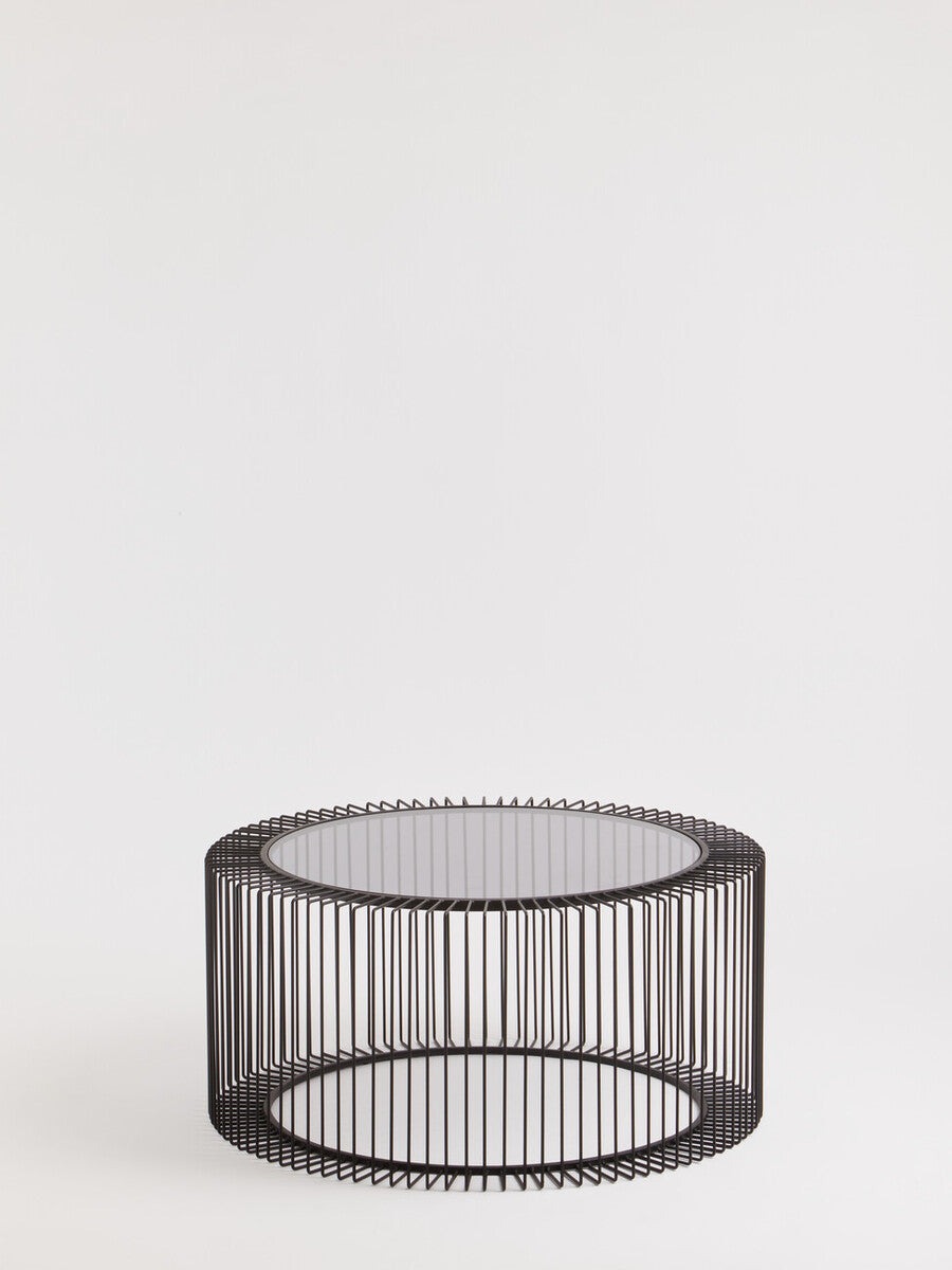 Orsina Trento Round Glass Coffee Table – Black Metal Cage Base