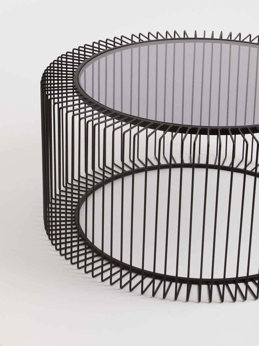 Orsina Trento Round Glass Coffee Table – Black Metal Cage Base