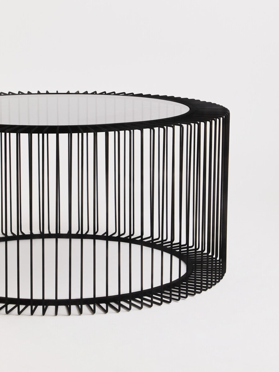 Orsina Trento Round Glass Coffee Table – Black Metal Cage Base
