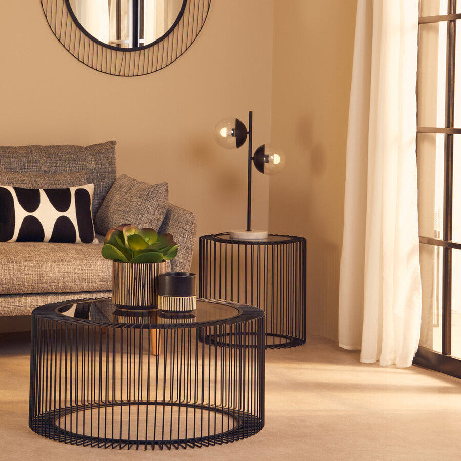 Orsina Trento Round Glass Coffee Table – Black Metal Cage Base