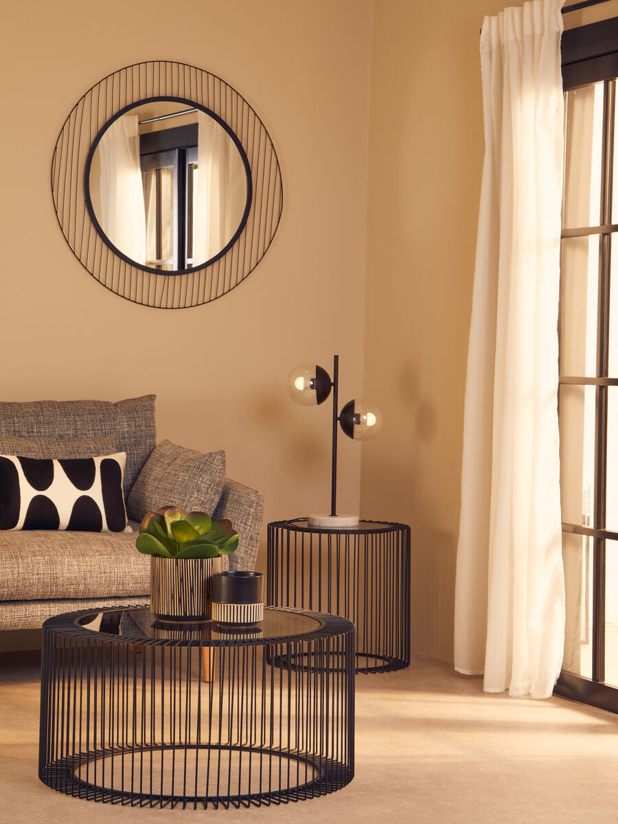 Orsina Trento Round Glass Coffee Table – Black Metal Cage Base
