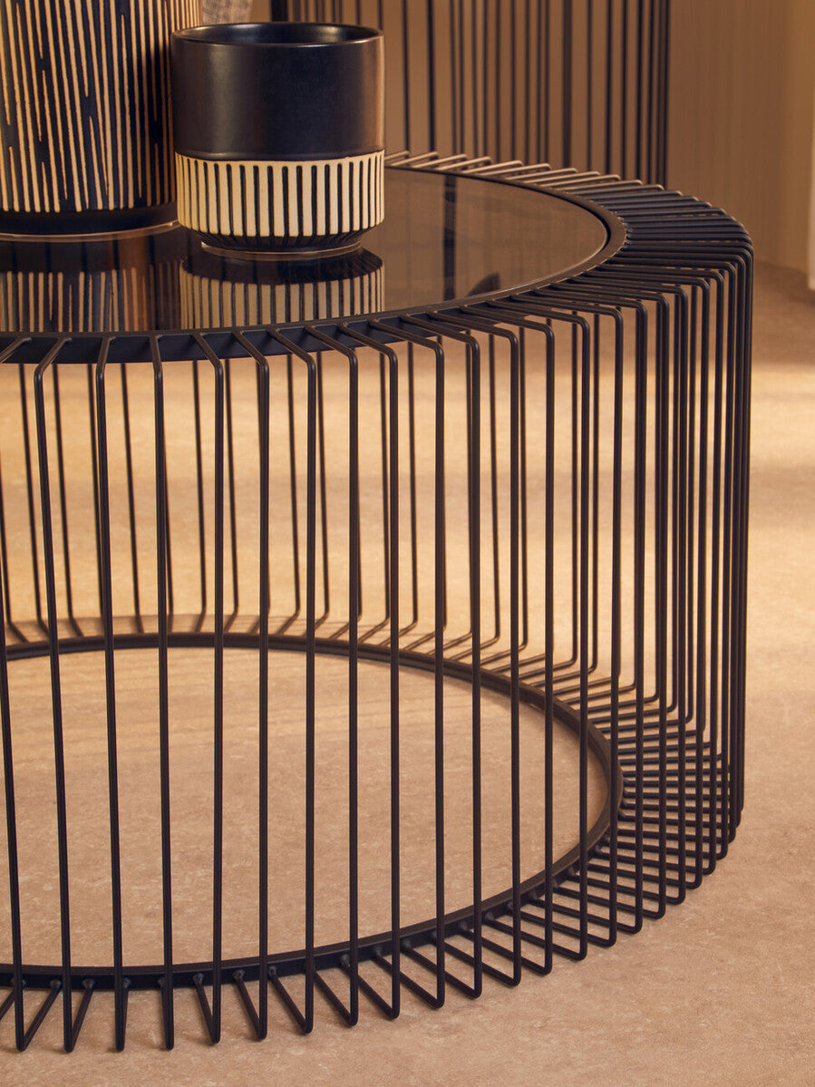 Orsina Trento Round Glass Coffee Table – Black Metal Cage Base