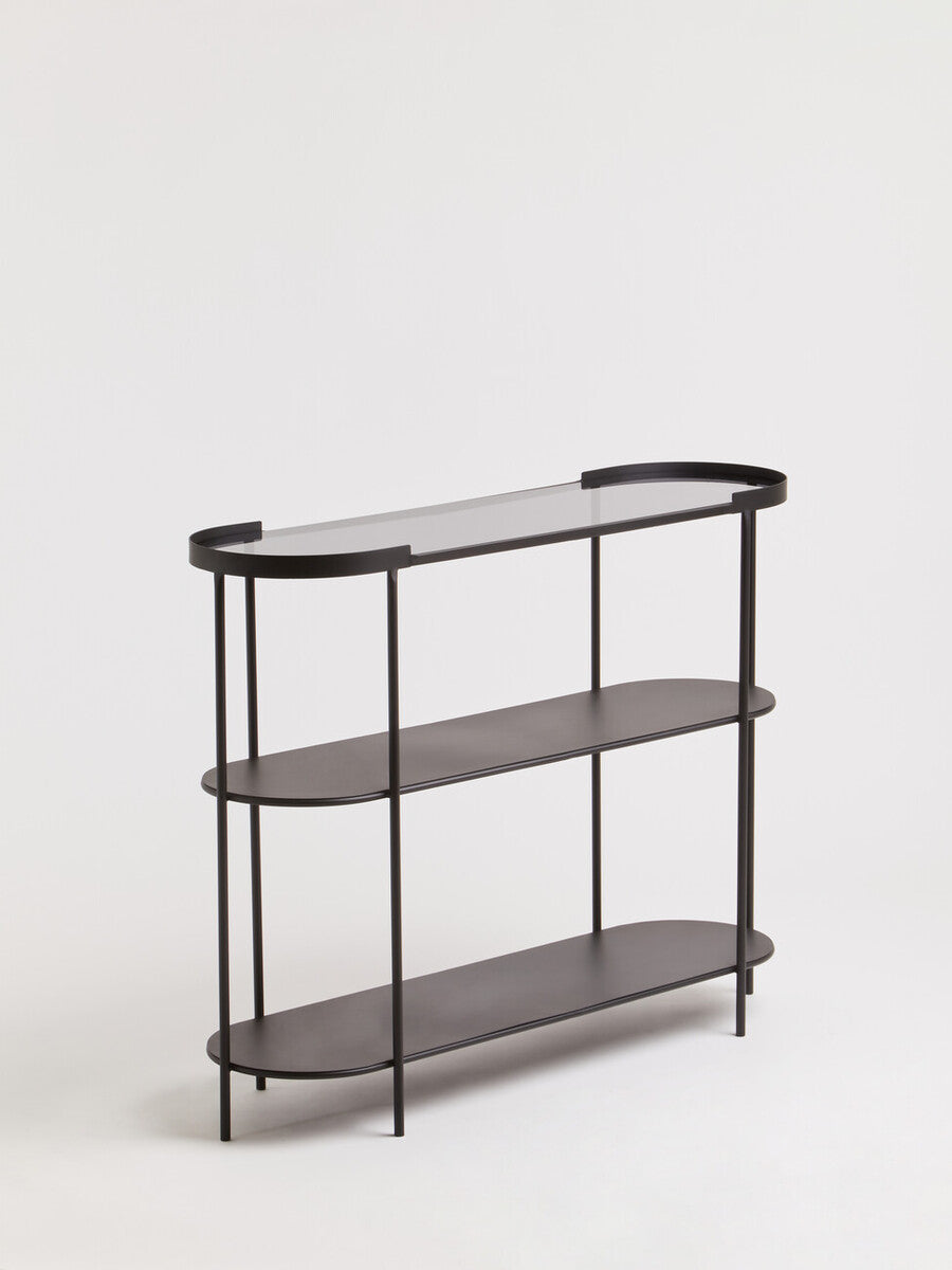 Orsina Trento Glass Console Table – 3-Tier Grey & Black Metal Frame