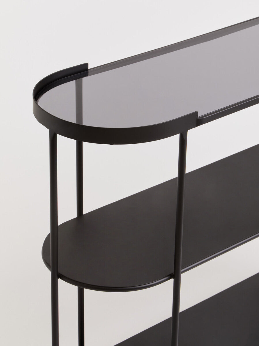 Orsina Trento Glass Console Table – 3-Tier Grey & Black Metal Frame