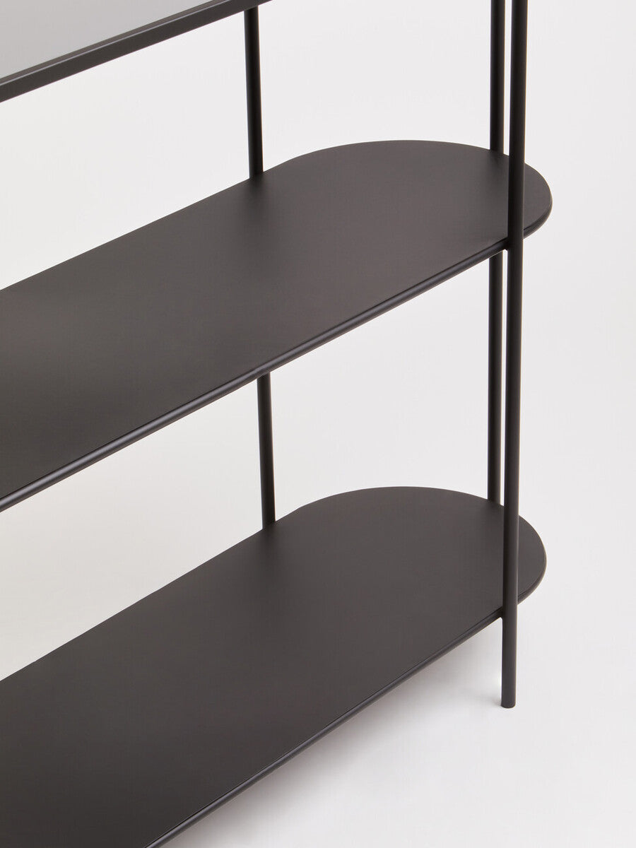 Orsina Trento Glass Console Table – 3-Tier Grey & Black Metal Frame