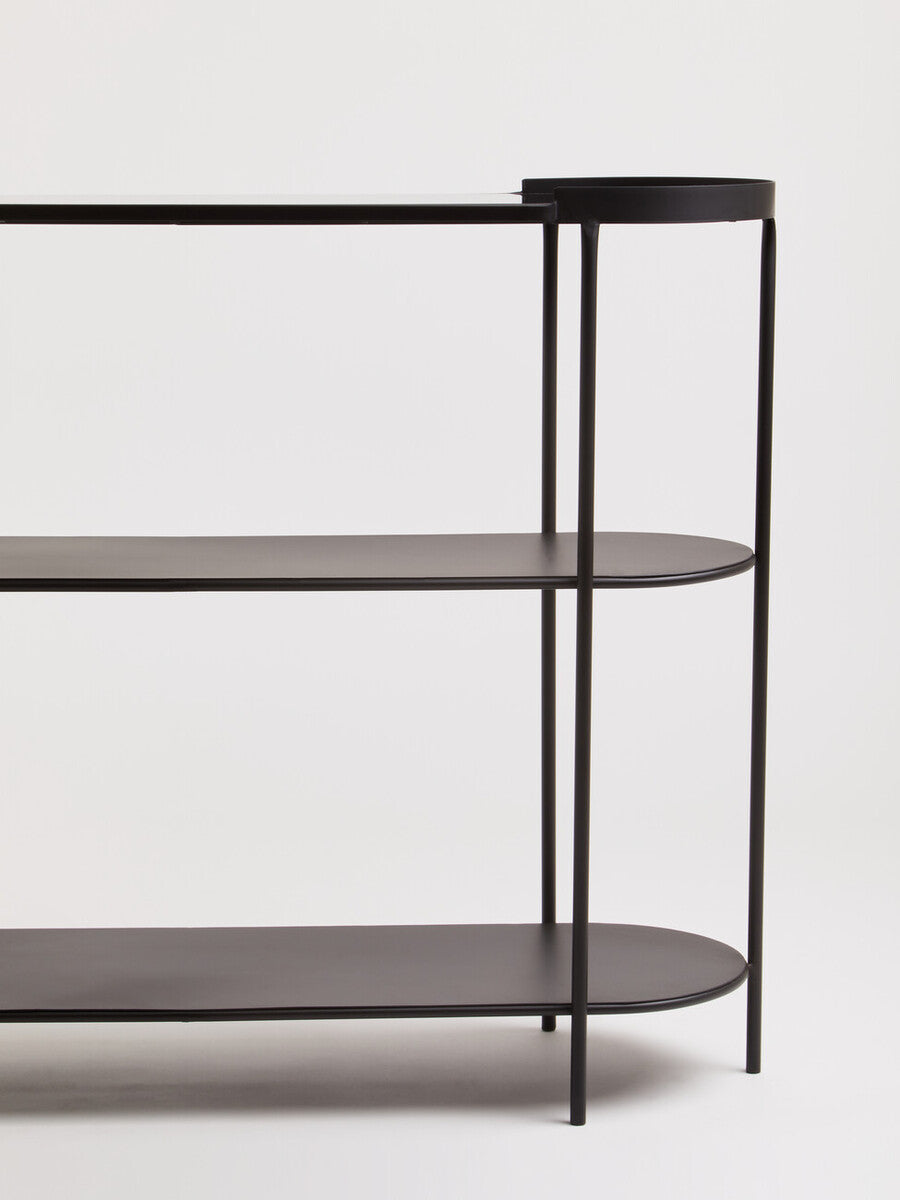 Orsina Trento Glass Console Table – 3-Tier Grey & Black Metal Frame