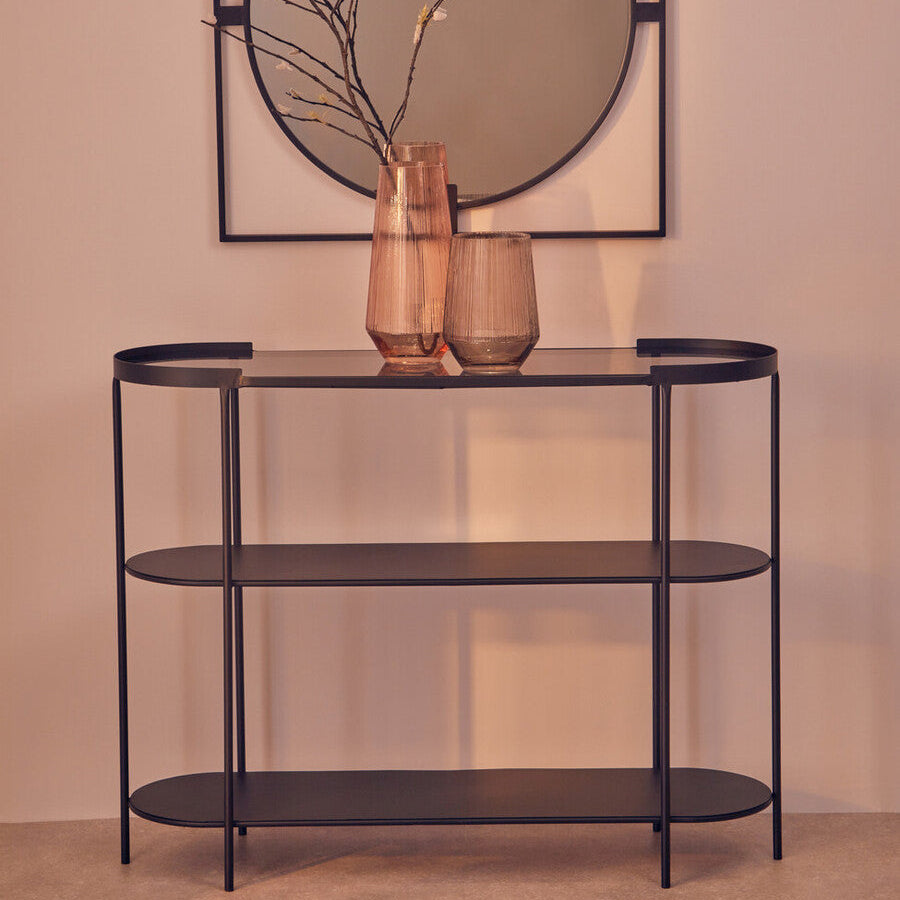 Orsina Trento Glass Console Table – 3-Tier Grey & Black Metal Frame