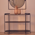Orsina Trento Glass Console Table – 3-Tier Grey & Black Metal Frame