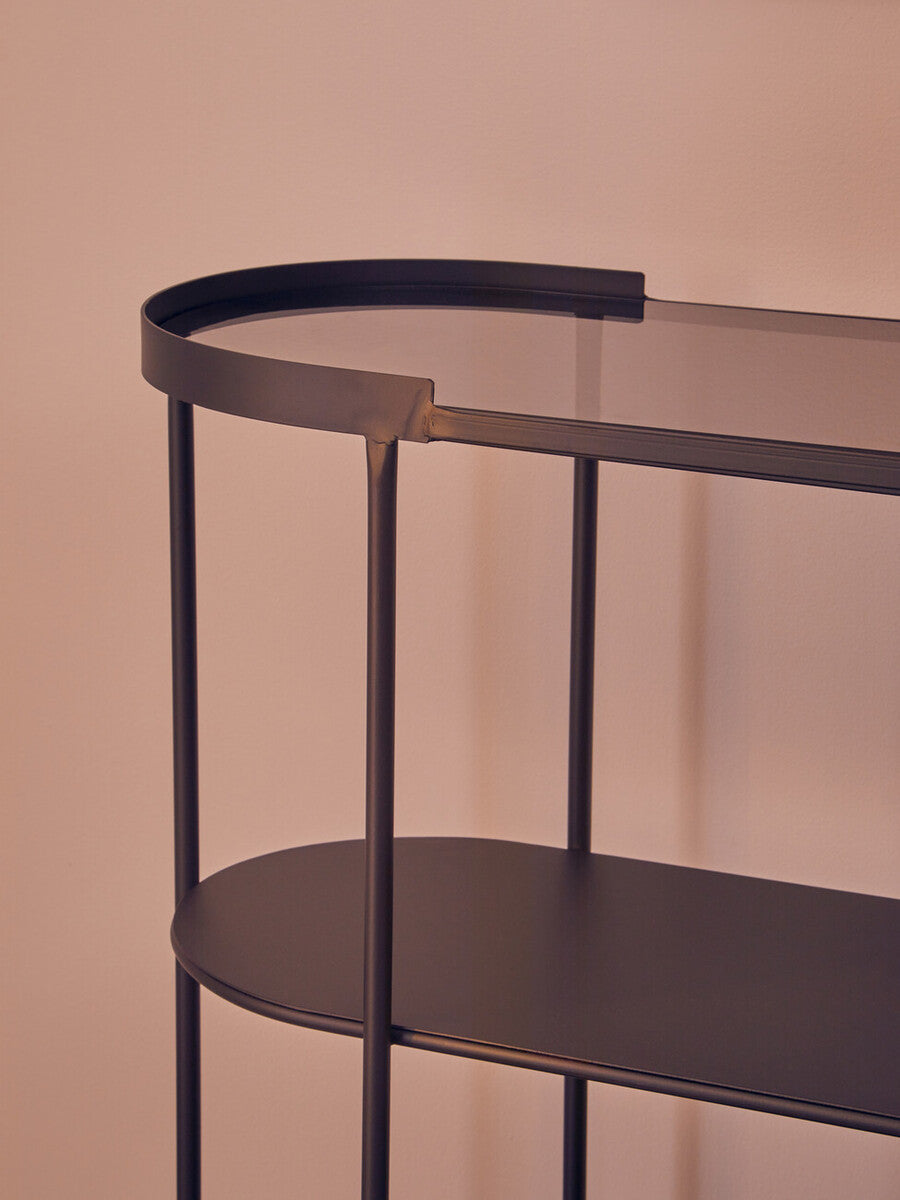 Orsina Trento Glass Console Table – 3-Tier Grey & Black Metal Frame