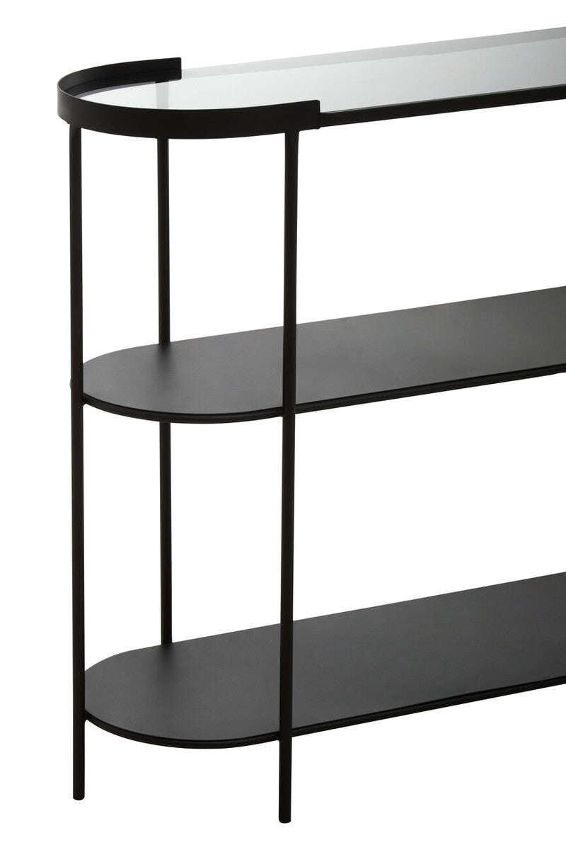 Orsina Trento Glass Console Table – 3-Tier Grey & Black Metal Frame