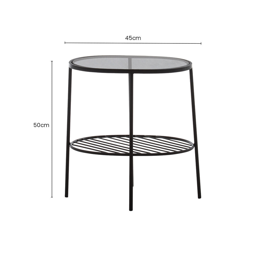 Orsina Trento Grey Glass Side Table – Two Tier Black Metal End Table