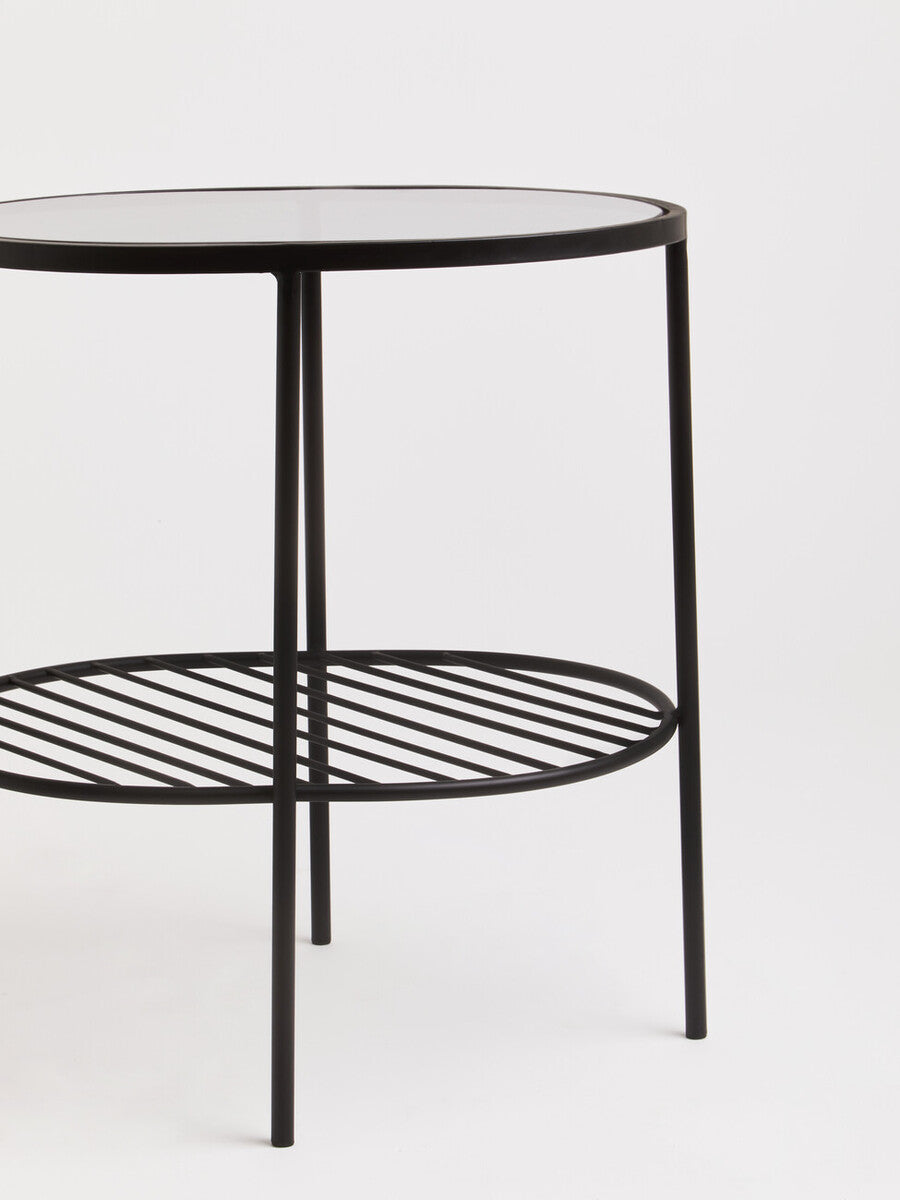 Orsina Trento Grey Glass Side Table – Two Tier Black Metal End Table