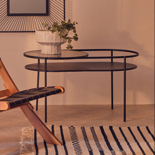 Orsina Trento Oval Two Tier Side Table – Black Metal & Grey Glass