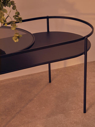 Orsina Trento Oval Two Tier Side Table – Black Metal & Grey Glass