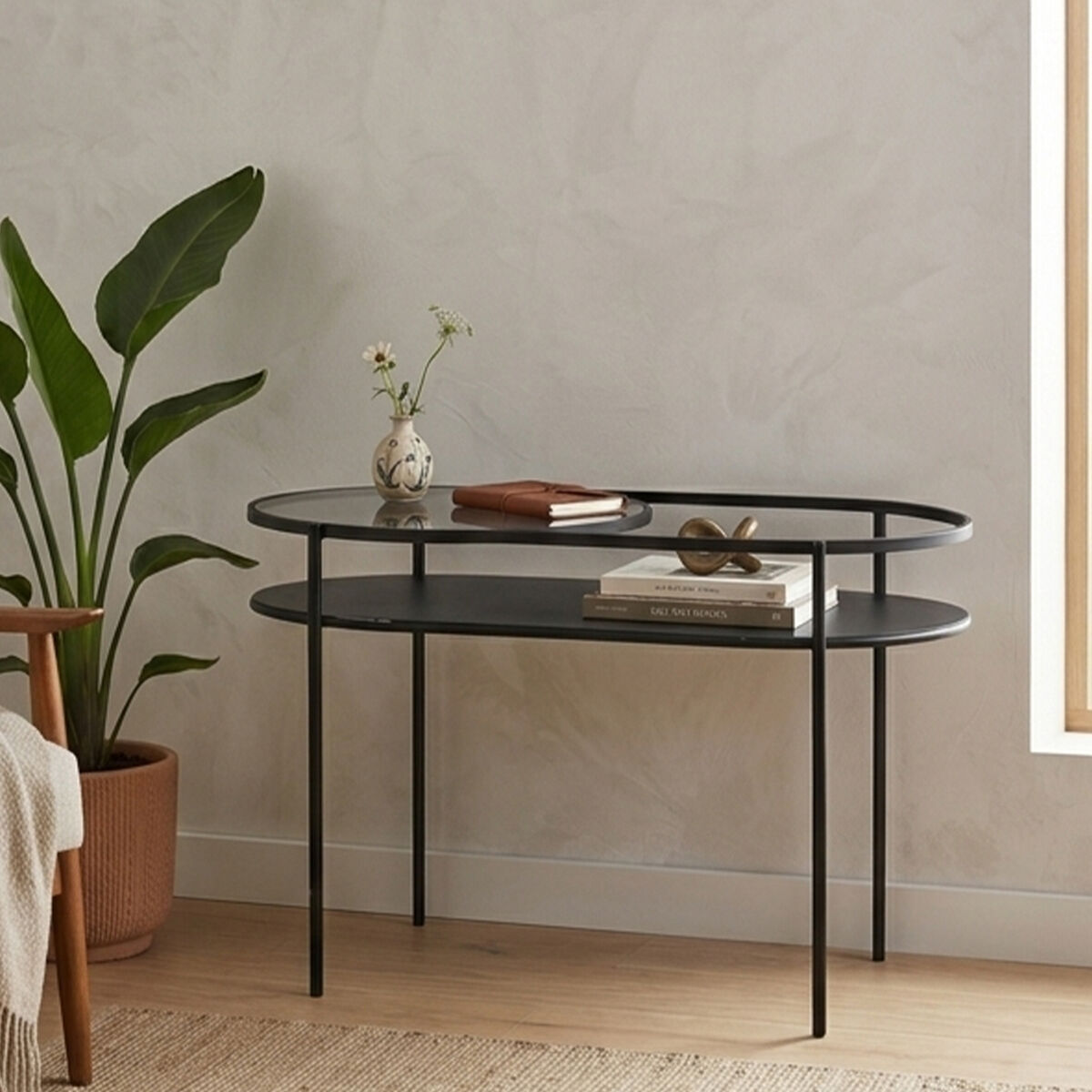 Orsina Trento Oval Two Tier Side Table – Black Metal & Grey Glass