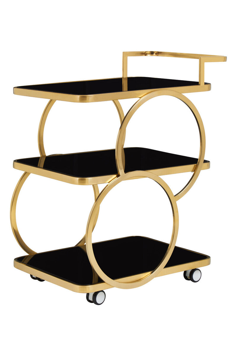 Orsina Alvaro Art Deco Drinks Trolley – 3-Tier Gold and Black Glass