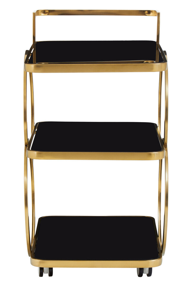 Orsina Alvaro Art Deco Drinks Trolley – 3-Tier Gold and Black Glass