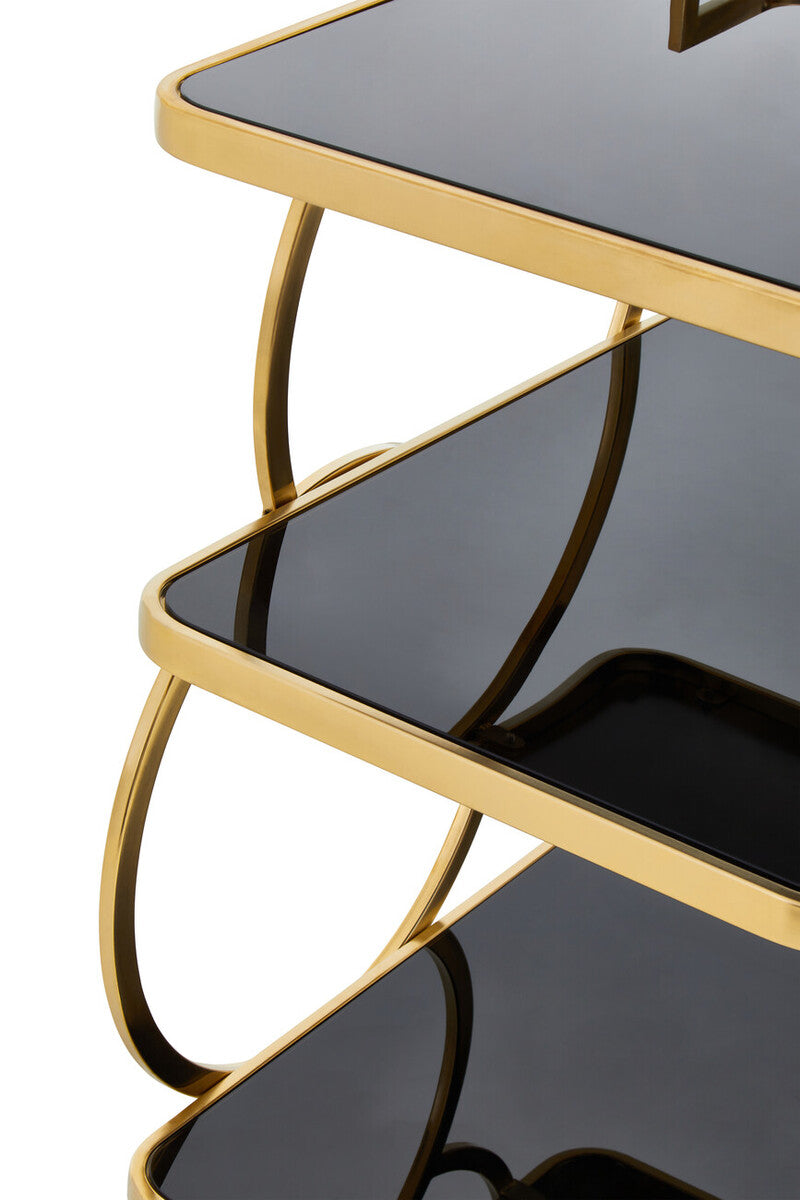 Orsina Alvaro Art Deco Drinks Trolley – 3-Tier Gold and Black Glass
