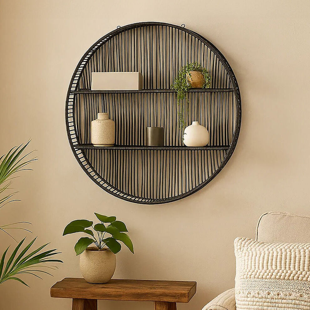 Orsina Batu Large Black Rattan Wall Shelf – 2-Tier Handcrafted Storage