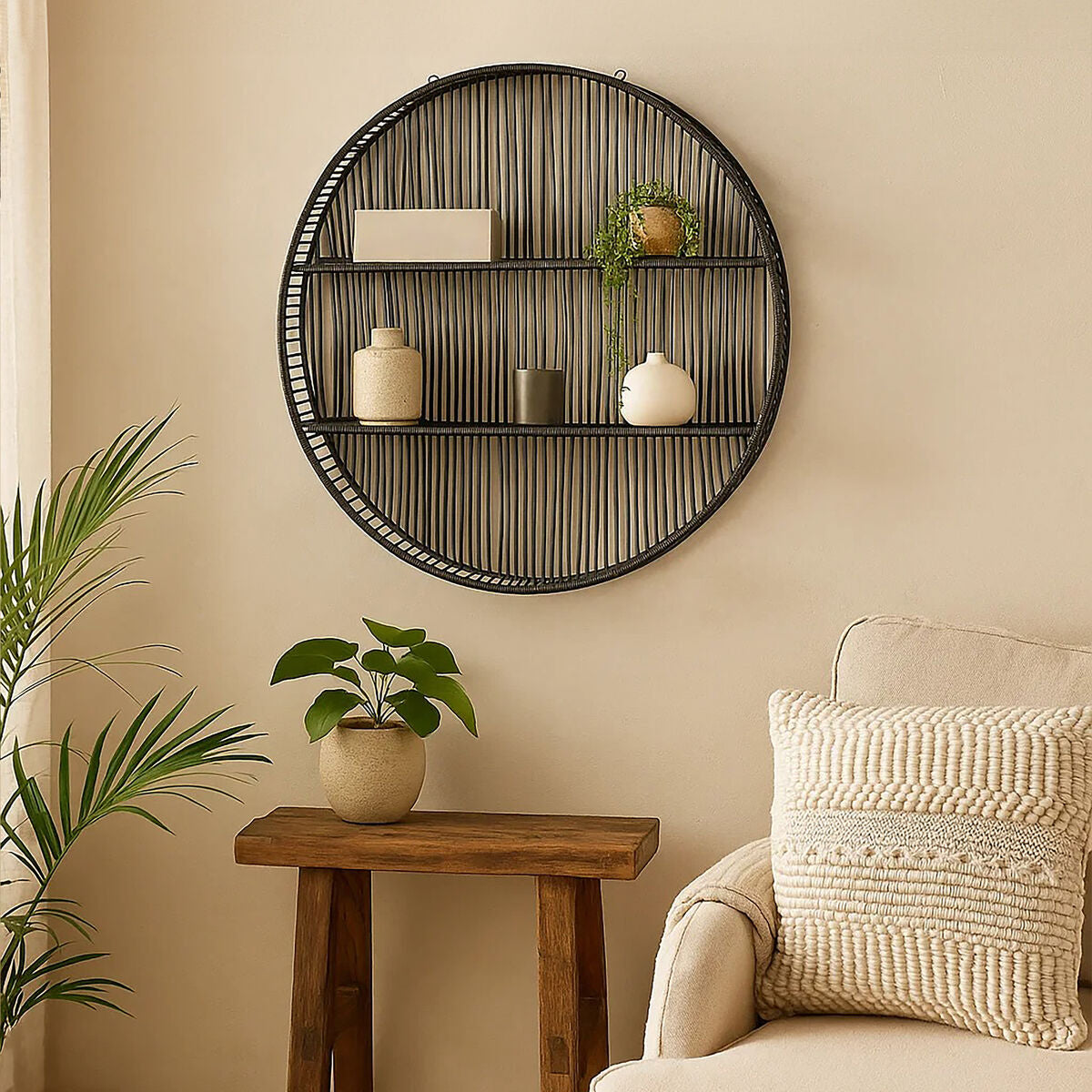 Orsina Batu Large Black Rattan Wall Shelf – 2-Tier Handcrafted Storage