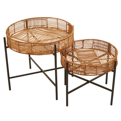 Orsina Batu Natural Rattan Nesting Side Tables | Set of 2 Black Metal