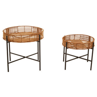 Orsina Batu Natural Rattan Nesting Side Tables | Set of 2 Black Metal