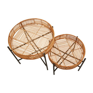 Orsina Batu Natural Rattan Nesting Side Tables | Set of 2 Black Metal