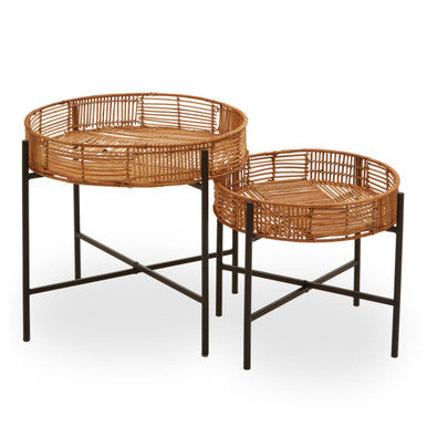 Orsina Batu Natural Rattan Nesting Side Tables | Set of 2 Black Metal
