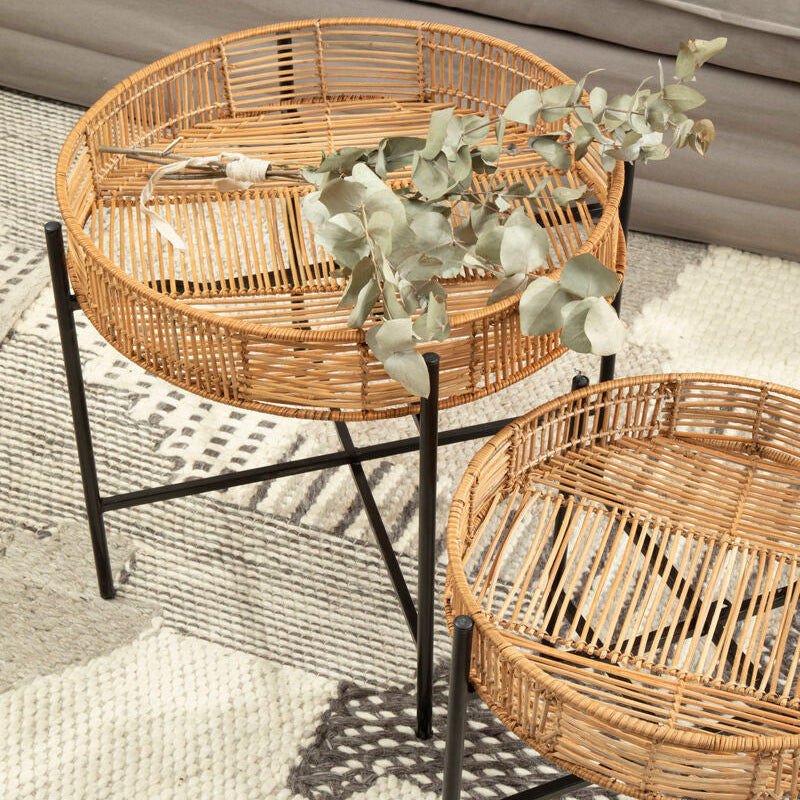 Orsina Batu Natural Rattan Nesting Side Tables | Set of 2 Black Metal