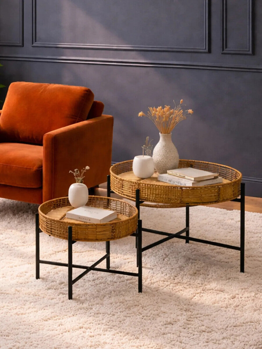Orsina Batu Natural Rattan Nesting Side Tables | Set of 2 Black Metal