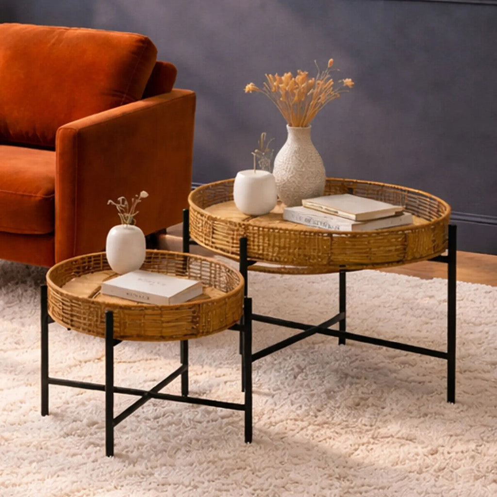 Orsina Batu Natural Rattan Nesting Side Tables | Set of 2 Black Metal