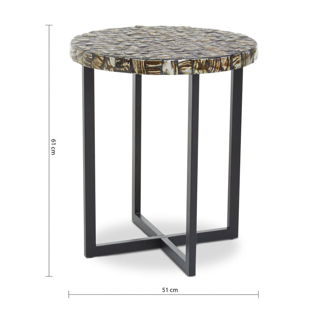 Orsina Branna Round Side Table – White Mother of Pearl & Metal Base