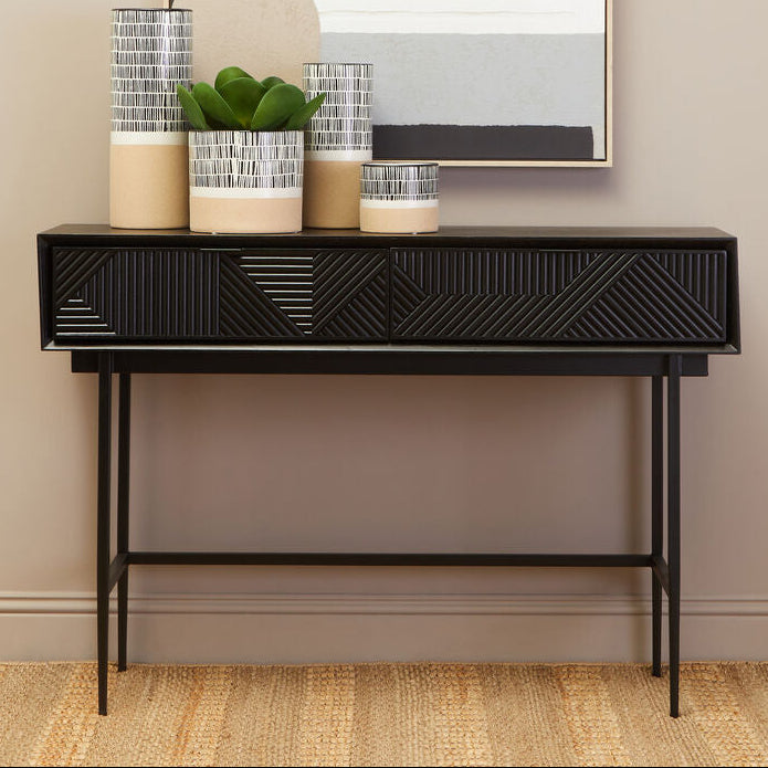 Orsina Jakara Console Table – Carved Wood Effect with 2 Drawers