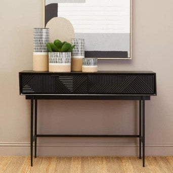 Orsina Jakara Console Table – Carved Wood Effect with 2 Drawers