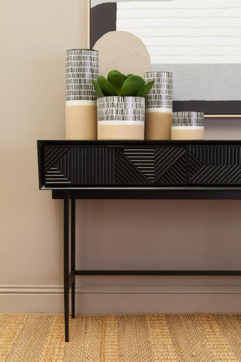 Orsina Jakara Console Table – Carved Wood Effect with 2 Drawers