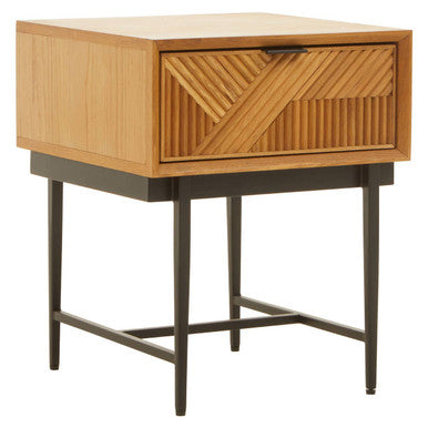 Orsina Jakara Natural Wood Side Table | Abstract Geometric Drawer