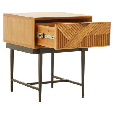 Orsina Jakara Natural Wood Side Table | Abstract Geometric Drawer