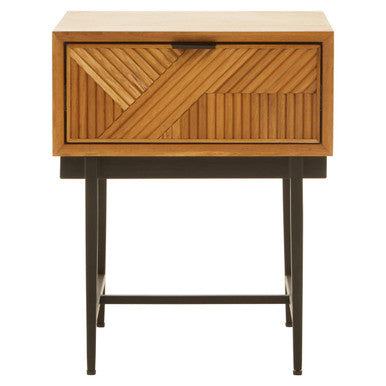 Orsina Jakara Natural Wood Side Table | Abstract Geometric Drawer