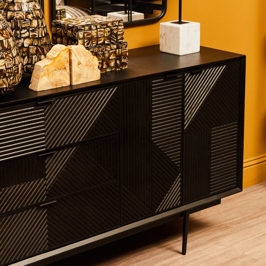 Orsina Jakara Black Sideboard – Carved 4-Door 3-Drawer Storage